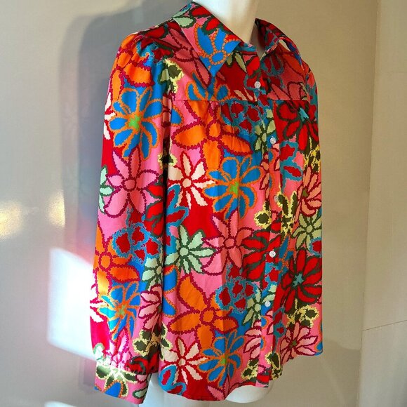 Shein SZ1X Silky Abstract Multi Color Button Front Shirt Artsy Modern Maximalism - Picture 2 of 8